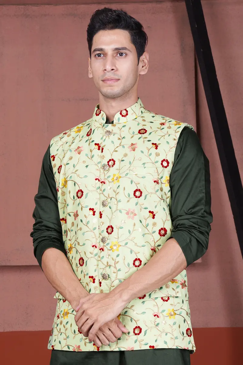 Hampton Green And Beryl Red Floral Multicolour Cotton Thread Embroidered Designer Nehru Jacket 5