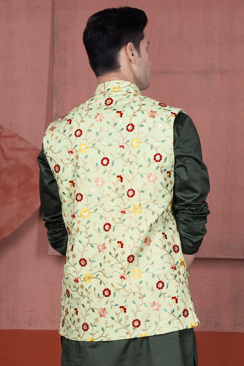 Hampton Green And Beryl Red Floral Multicolour Cotton Thread Embroidered Designer Nehru Jacket 6