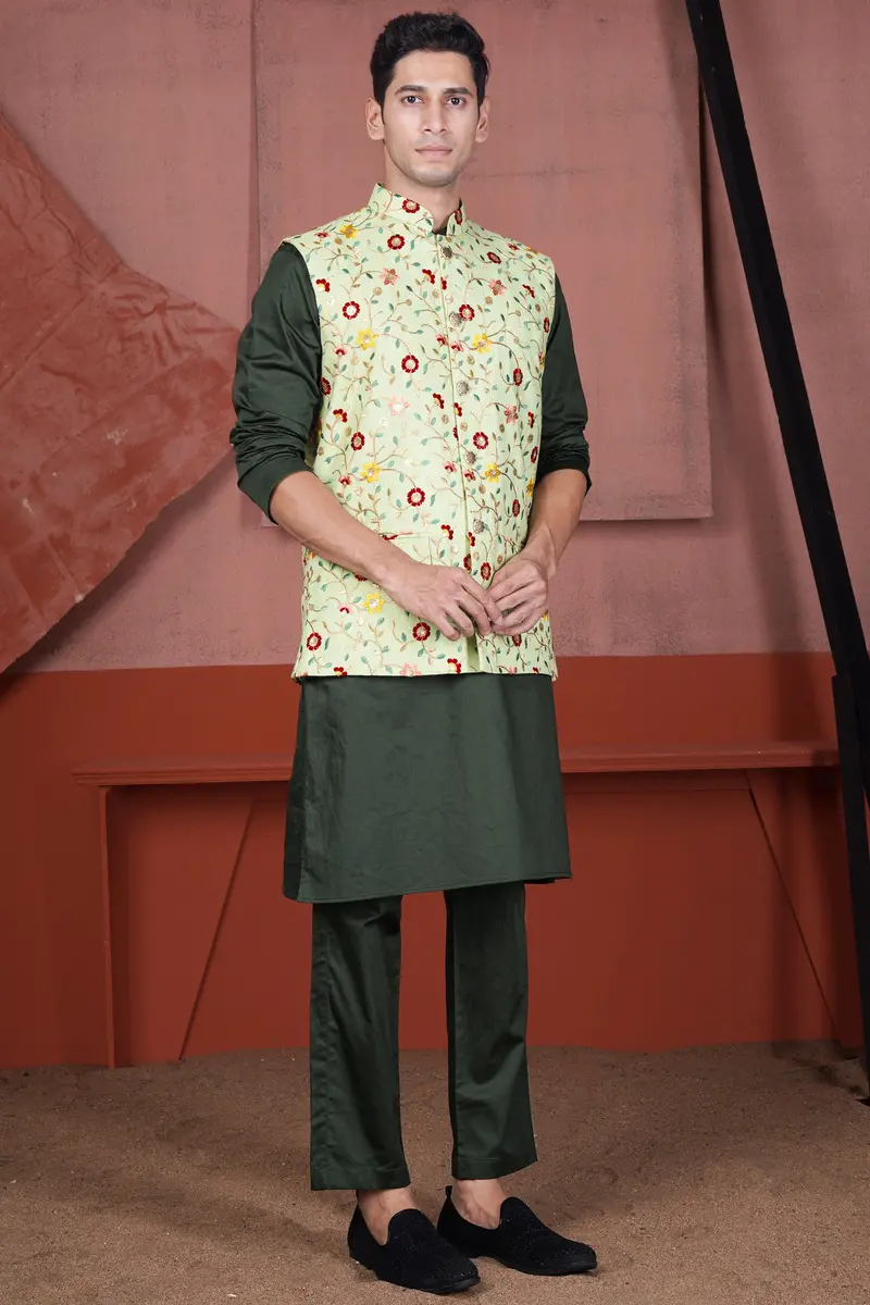 Hampton Green And Beryl Red Floral Multicolour Cotton Thread Embroidered Designer Nehru Jacket 7