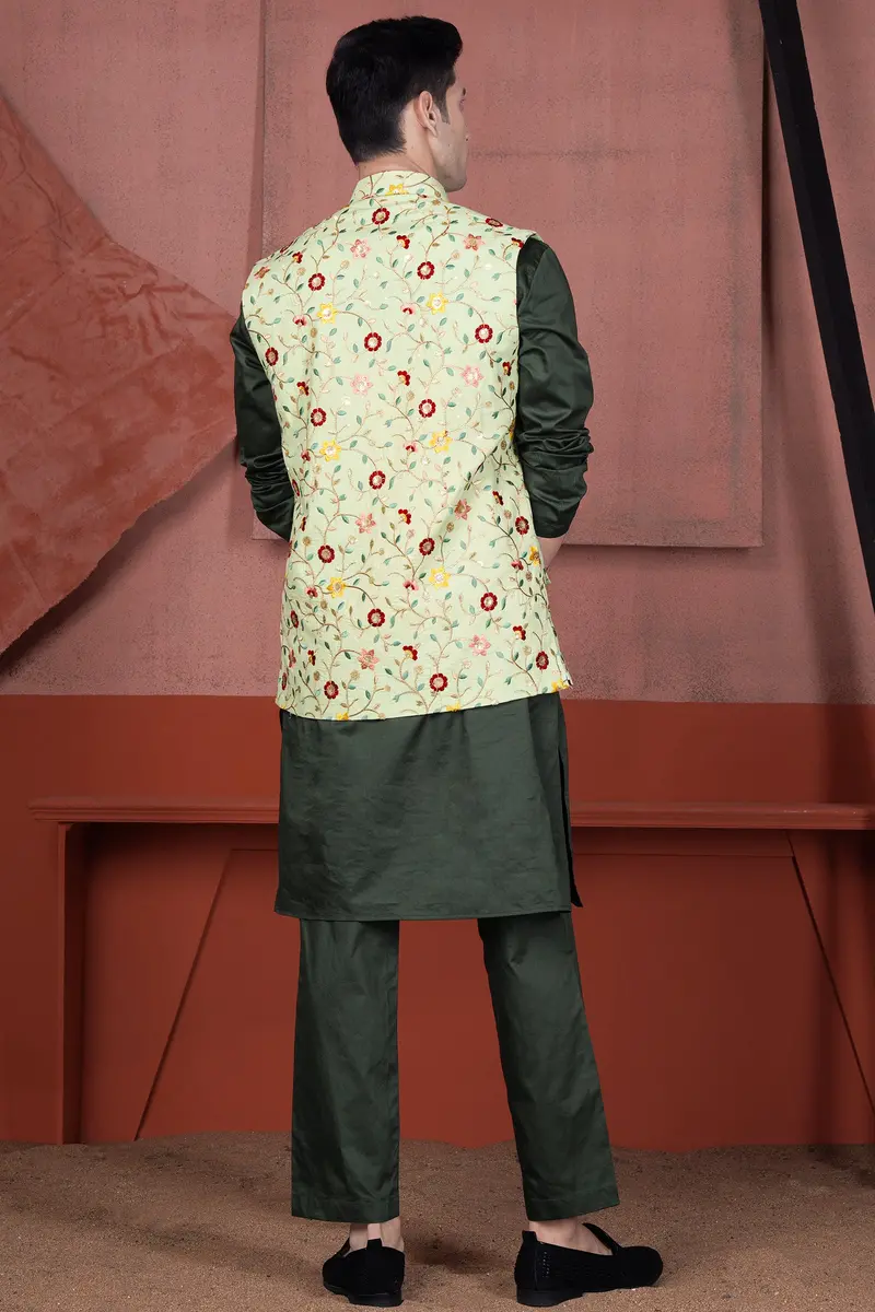 Hampton Green And Beryl Red Floral Multicolour Cotton Thread Embroidered Designer Nehru Jacket 8