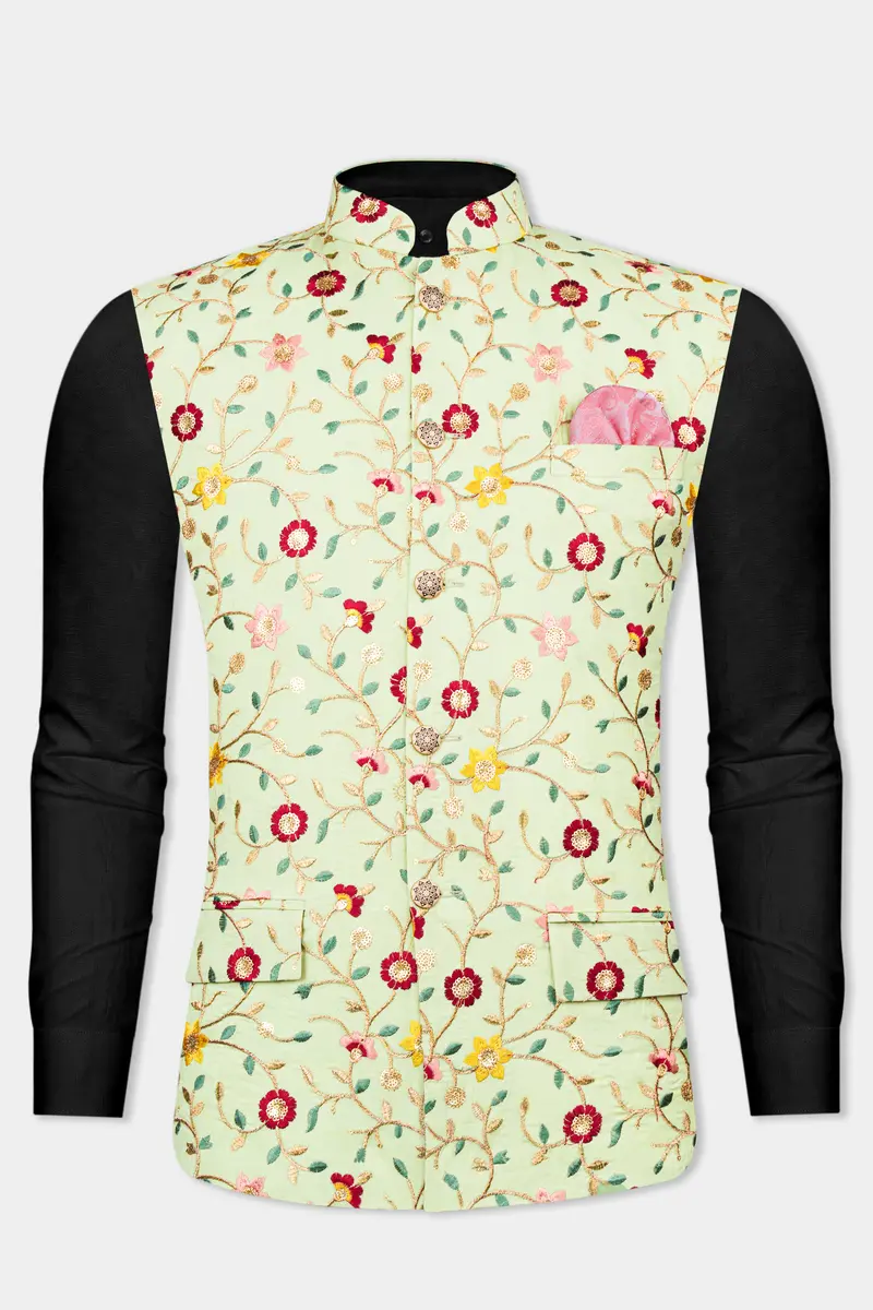 Hampton Green And Beryl Red Floral Multicolour Cotton Thread Embroidered Designer Nehru Jacket 9