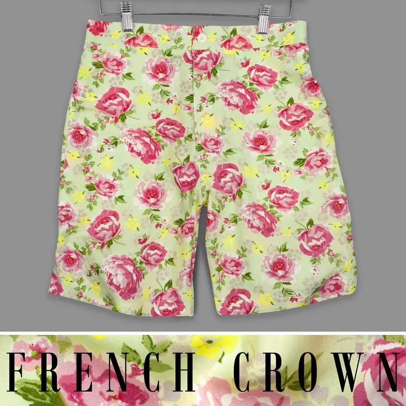 Hampton Green With Pale Pink Rose Printed Premium Cotton Shorts 1