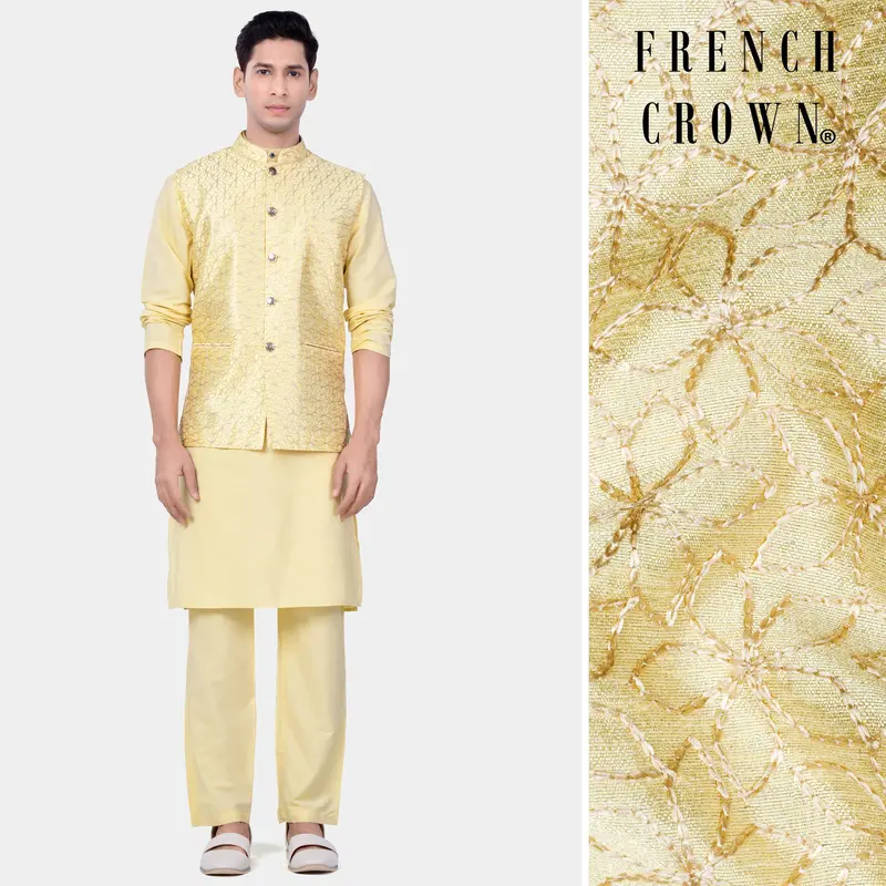 Hampton Yellow Kurta Set With Blond Yellow Flower Embroidered Nehru Jacket 1