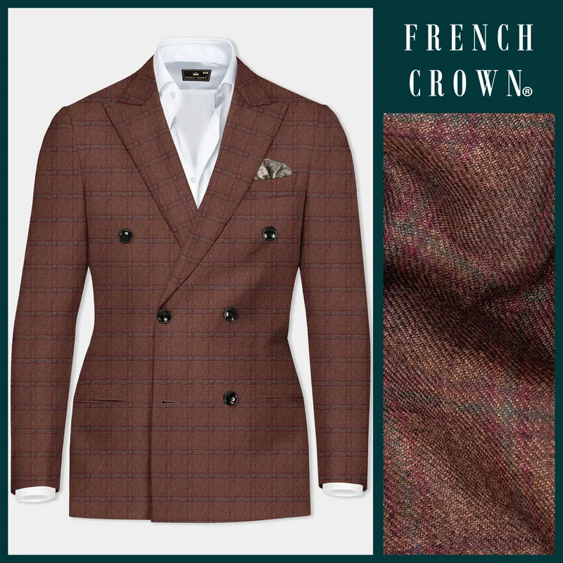 Harris-Derby Brown Plaid Tweed Double Breasted Stretchable Traveler Blazer 1