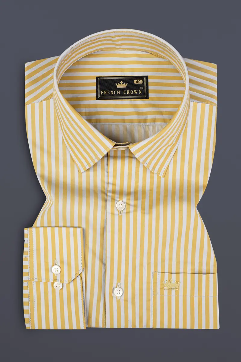 Harvest Yellow And Bright White Striped Premium Cotton Shirt 3