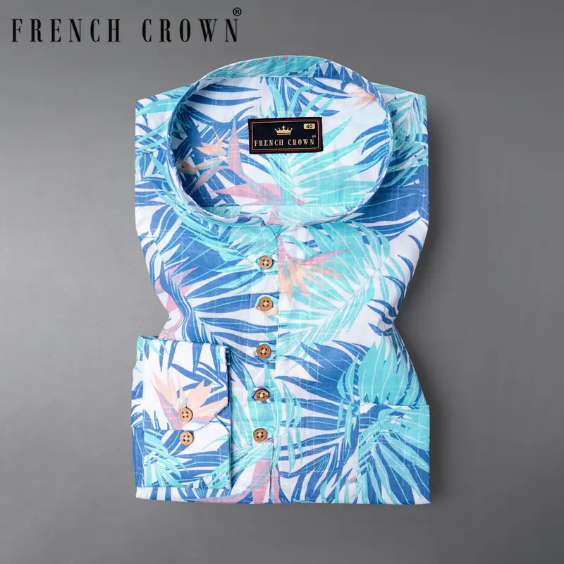 Havelock Blue Beach Print Luxurious Linen Kurta Shirt 1