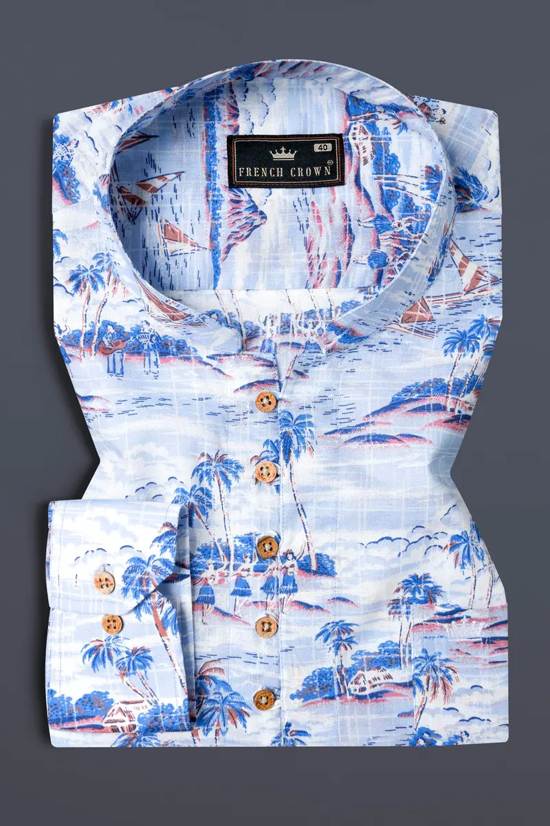Hawkes And Havelock Blue Tropical Printed Luxurious Linen Kurta Shirt 2