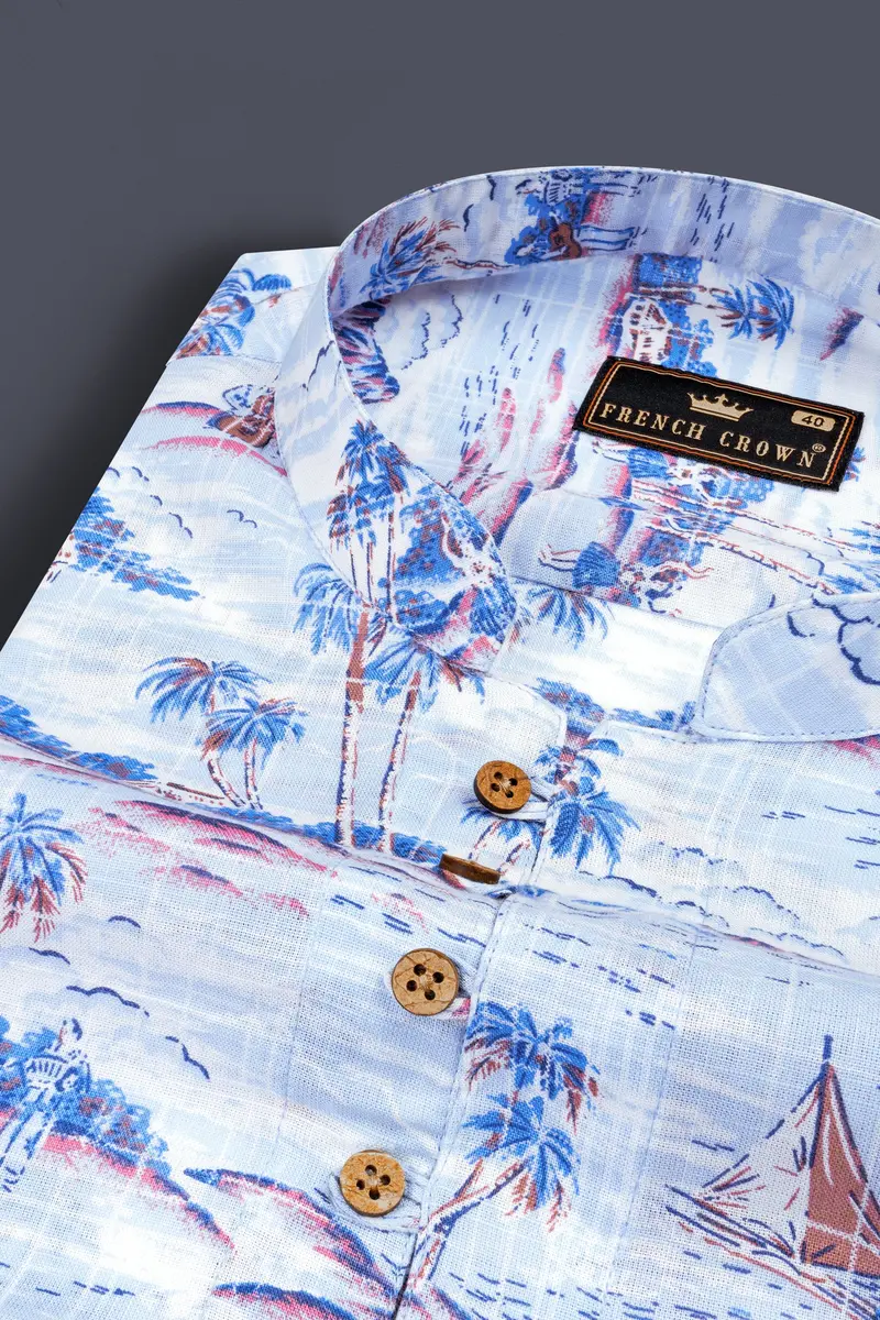 Hawkes And Havelock Blue Tropical Printed Luxurious Linen Kurta Shirt 4