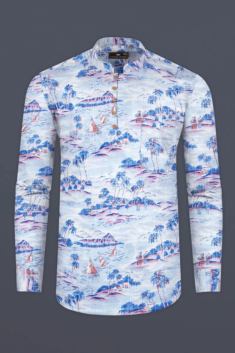 Hawkes And Havelock Blue Tropical Printed Luxurious Linen Kurta Shirt 5
