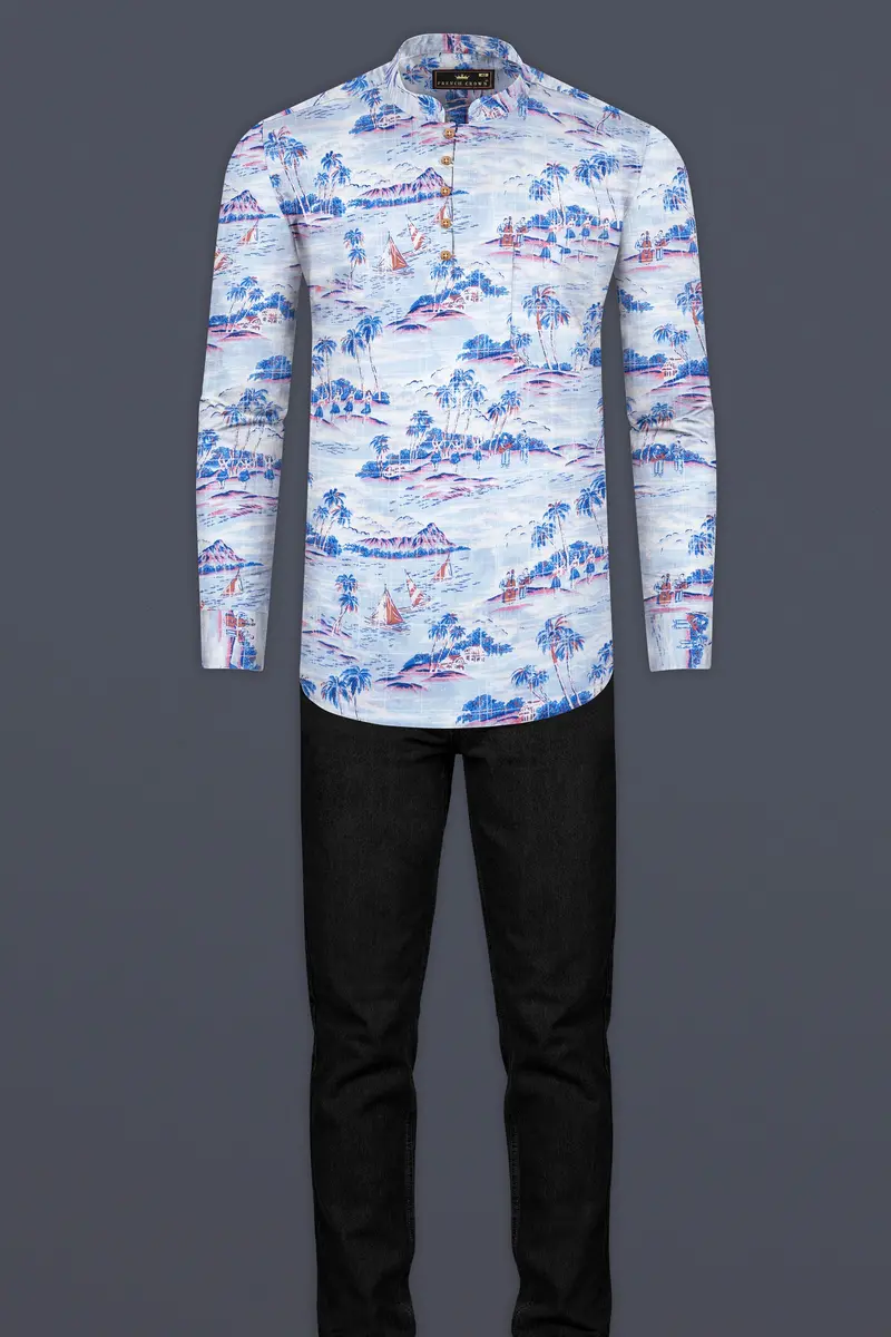 Hawkes And Havelock Blue Tropical Printed Luxurious Linen Kurta Shirt 7