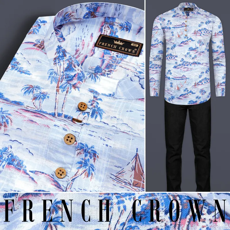 Hawkes And Havelock Blue Tropical Printed Luxurious Linen Kurta Shirt 9
