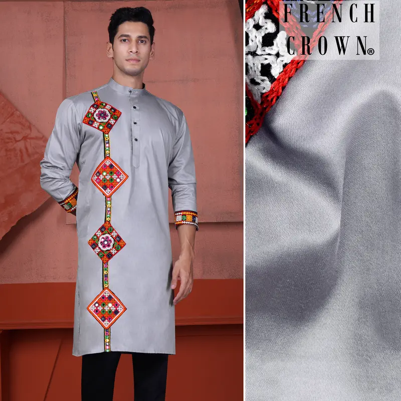 Haze Gray Multicolour Kutch Work Patches With Mirror Work Subtle Sheen Super Soft Premium Cotton Designer Kurta 1