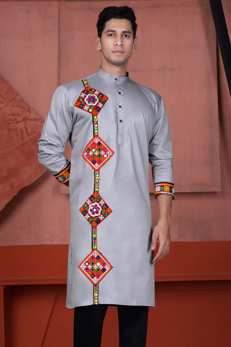 Haze Gray Multicolour Kutch Work Patches With Mirror Work Subtle Sheen Super Soft Premium Cotton Designer Kurta 2