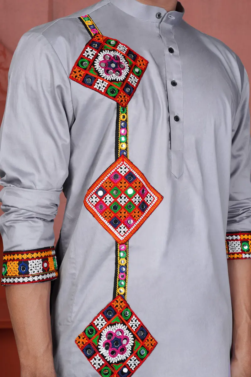 Haze Gray Multicolour Kutch Work Patches With Mirror Work Subtle Sheen Super Soft Premium Cotton Designer Kurta 4