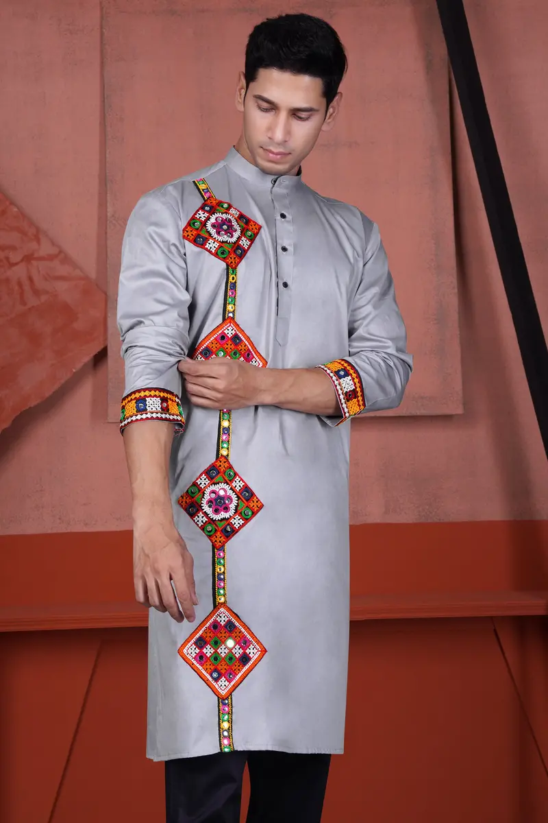 Haze Gray Multicolour Kutch Work Patches With Mirror Work Subtle Sheen Super Soft Premium Cotton Designer Kurta 5