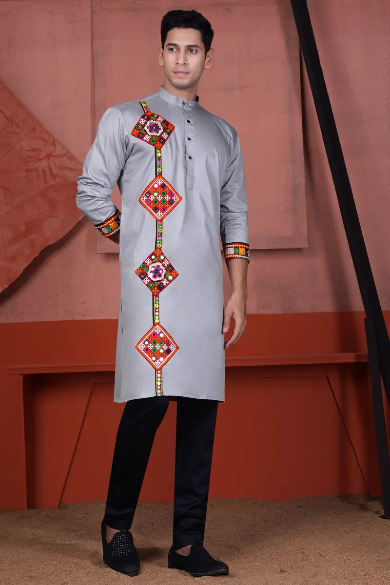 Haze Gray Multicolour Kutch Work Patches With Mirror Work Subtle Sheen Super Soft Premium Cotton Designer Kurta 7