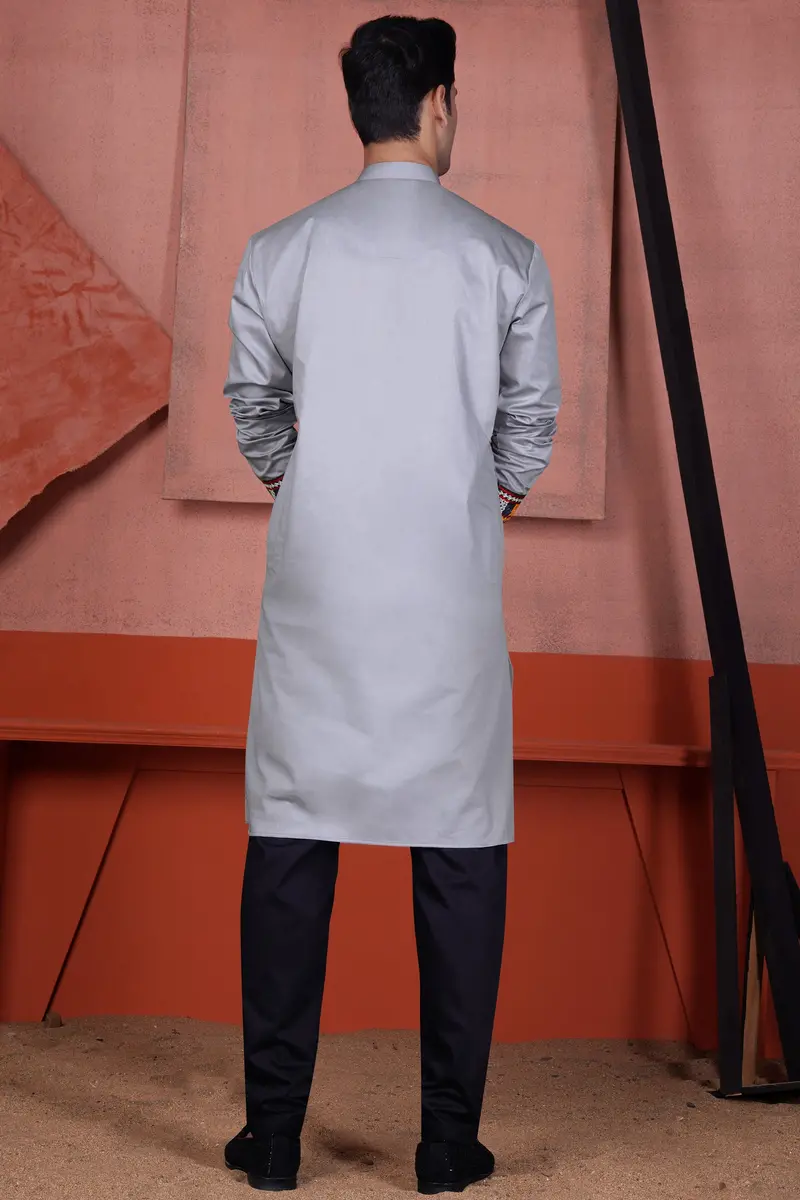 Haze Gray Multicolour Kutch Work Patches With Mirror Work Subtle Sheen Super Soft Premium Cotton Designer Kurta 8