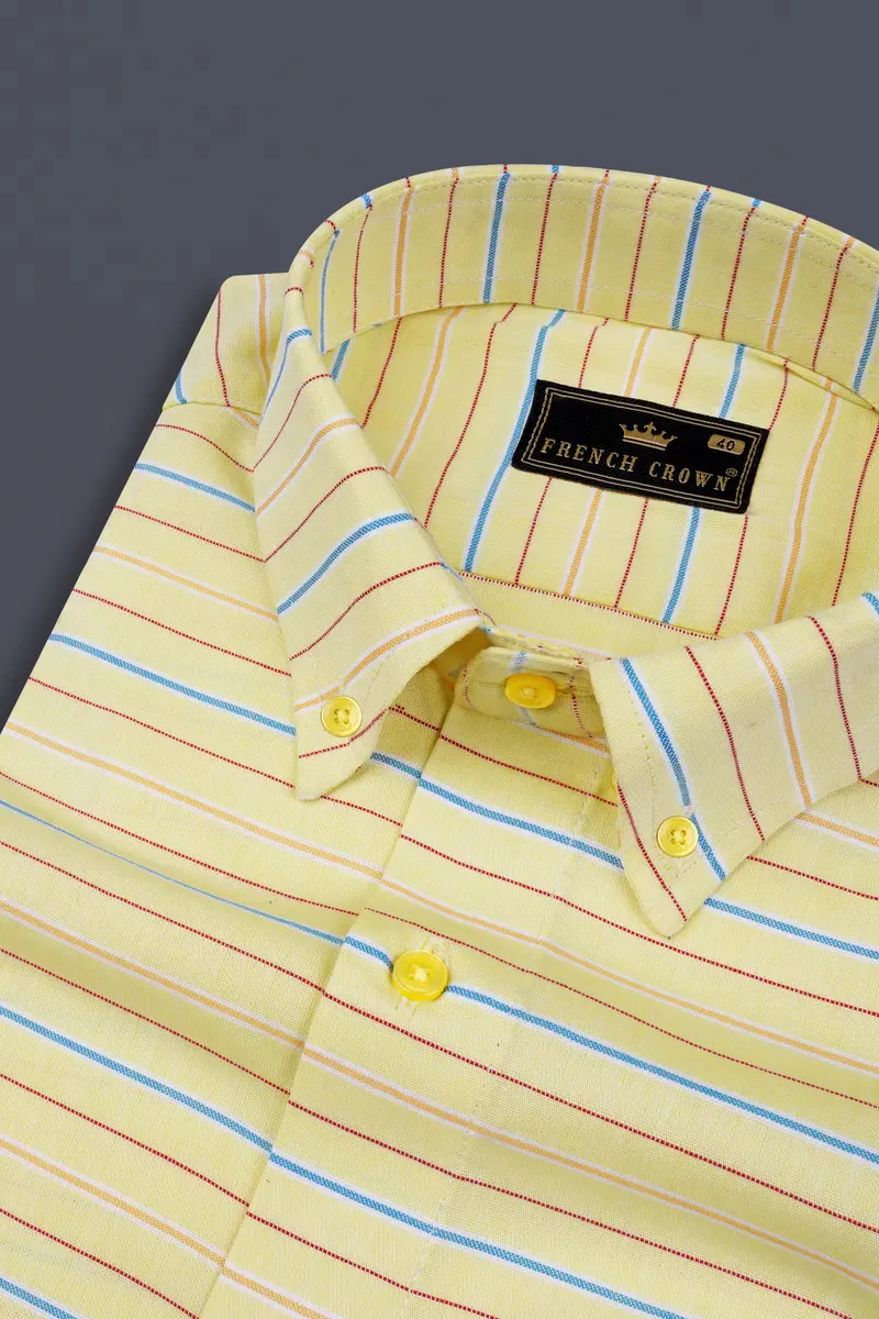 Hazel Yellow Striped Dobby Textured Premium Cotton Shirt 1