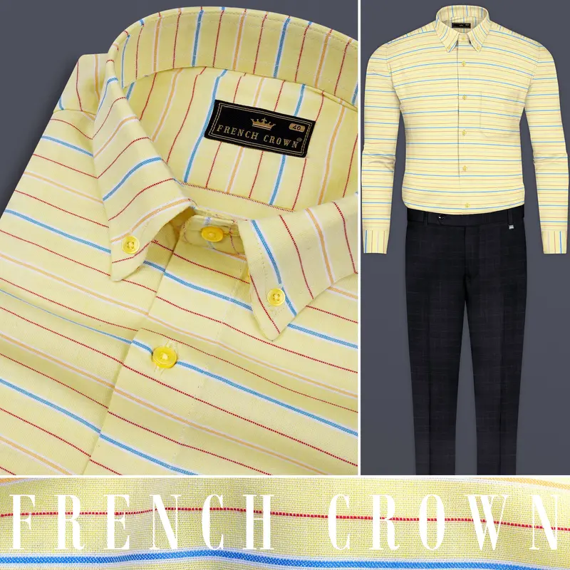 Hazel Yellow Striped Dobby Textured Premium Cotton Shirt 10
