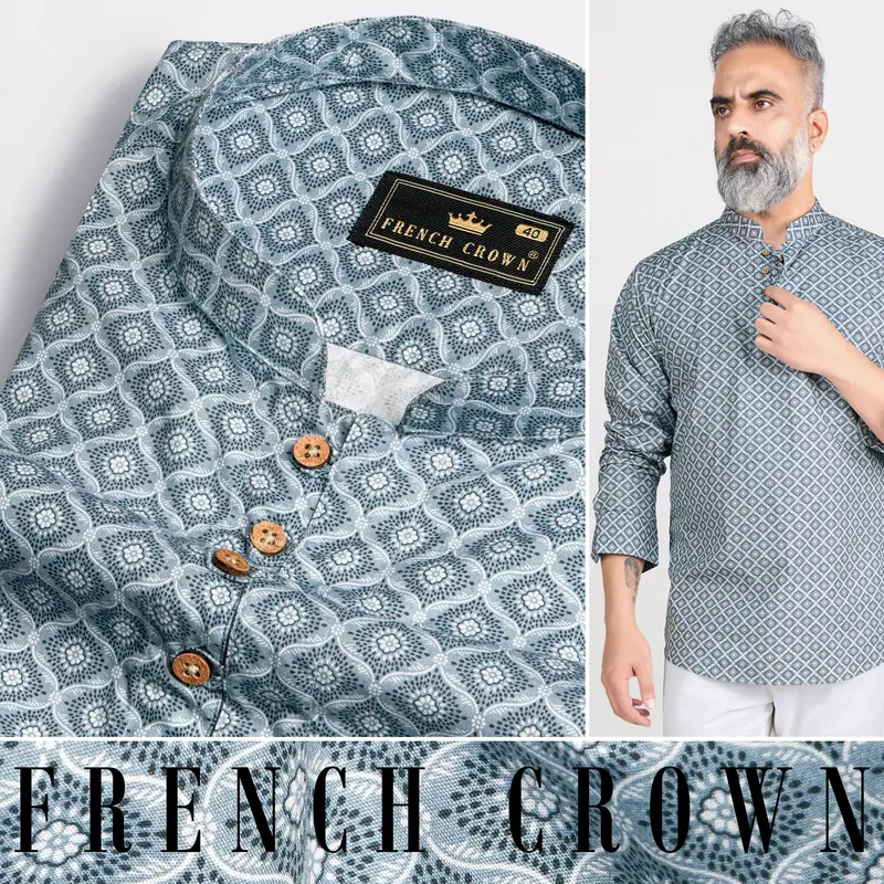 Heather Gray And White Indian Printed Premium Cotton Kurta Shirt 5