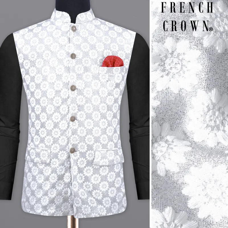 Heather Silver With White Floral Embroidered Nehru Jacket 1