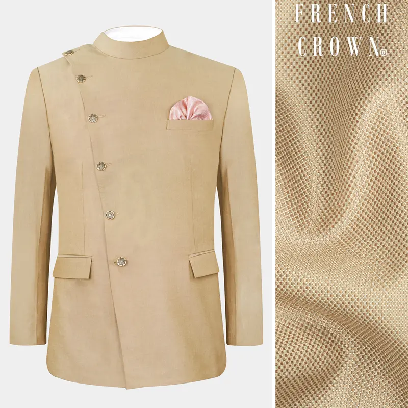 Heathered Light Brown Cross Placket Bandhgala Blazer 1