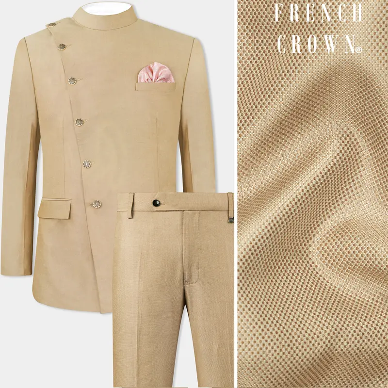 Heathered Light Brown Cross Placket Bandhgala Suit 1