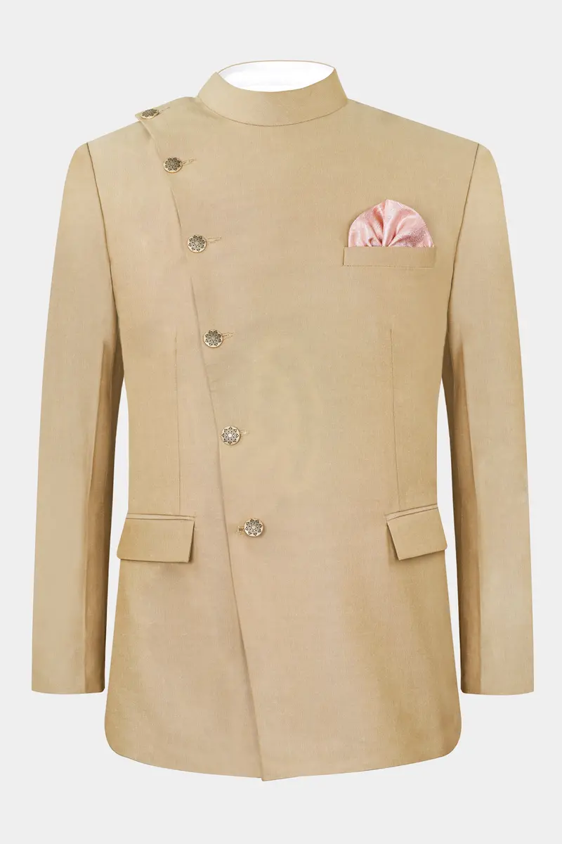 Heathered Light Brown Cross Placket Bandhgala Suit 10