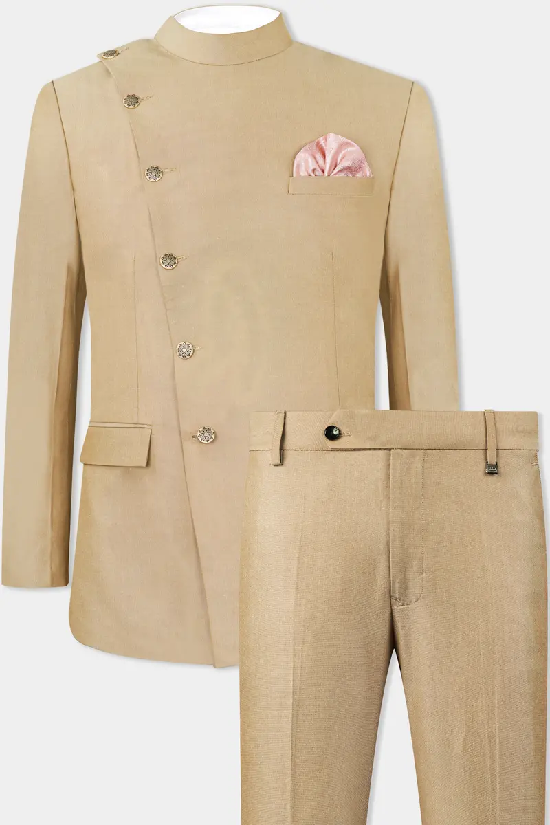 Heathered Light Brown Cross Placket Bandhgala Suit 2