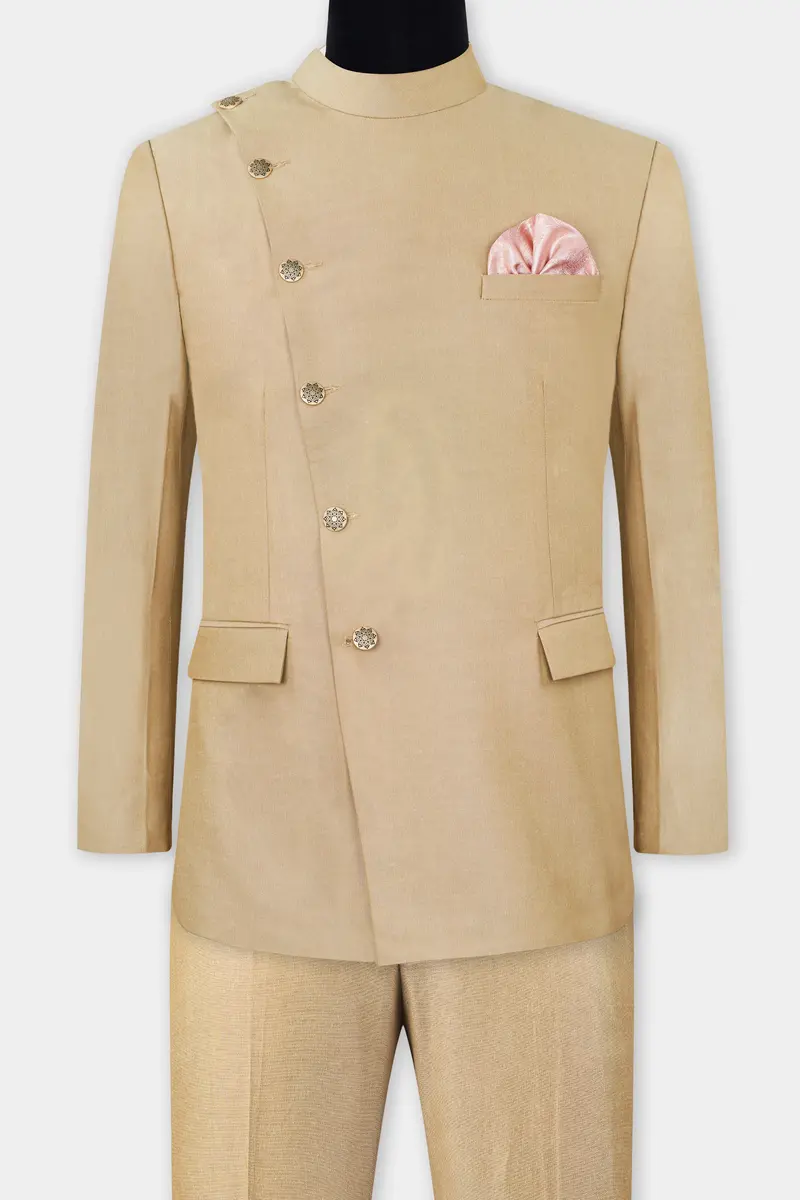 Heathered Light Brown Cross Placket Bandhgala Suit 4