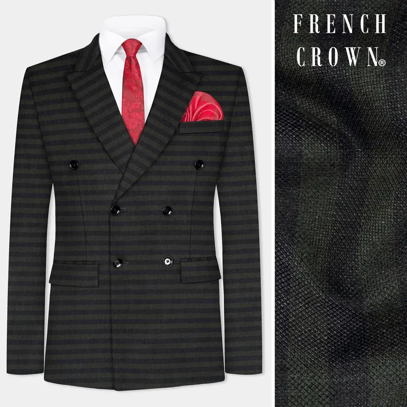 Heavy Green With Black Striped Wool Blend Double Breasted Blazer 1