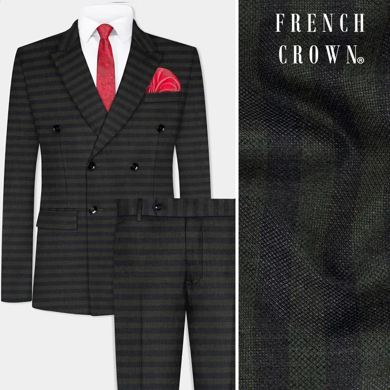 Heavy Green With Black Striped Wool Blend Double Breasted Suit 1