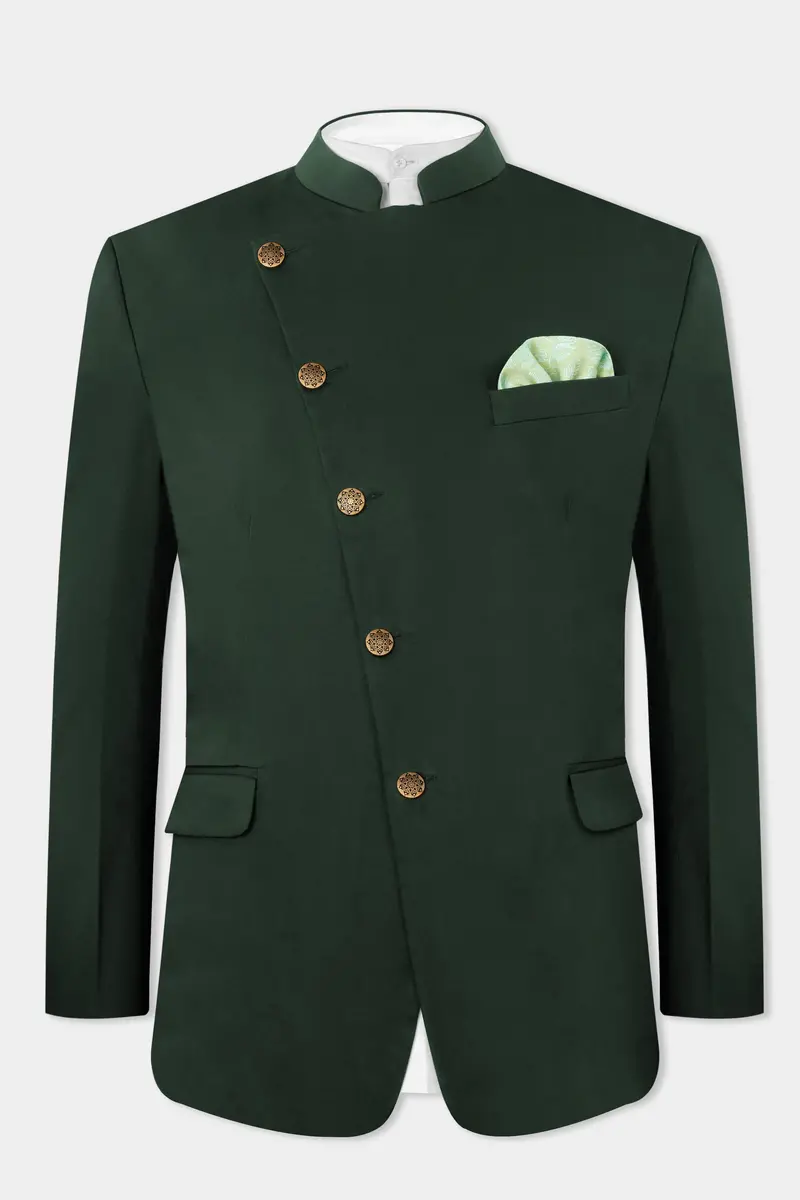 Heavy Metal Green Premium Cotton Cross Placket Bandhgala Stretchable Traveler Blazer 2