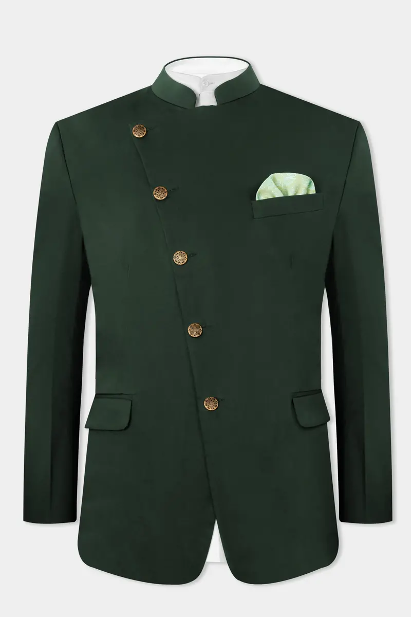 Heavy Metal Green Premium Cotton Cross Placket Bandhgala Stretchable Traveler Suit 12