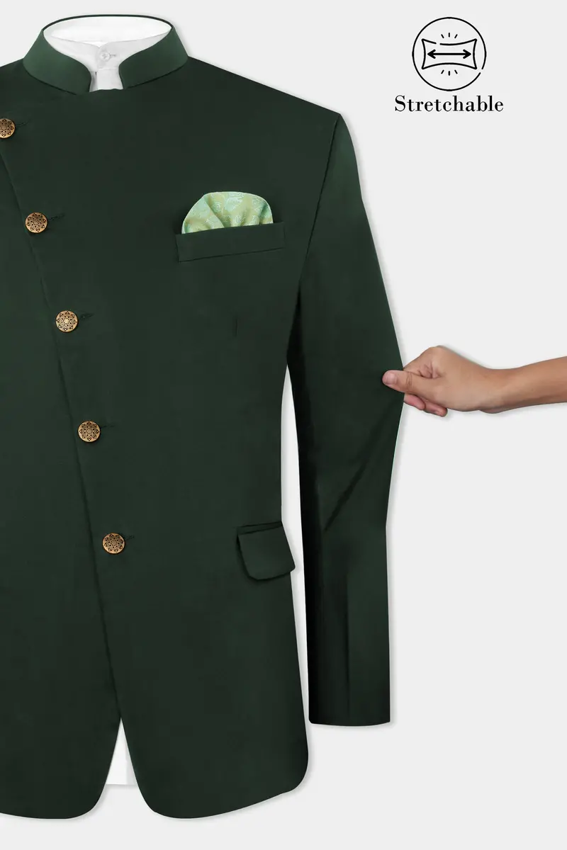 Heavy Metal Green Premium Cotton Cross Placket Bandhgala Stretchable Traveler Suit 13