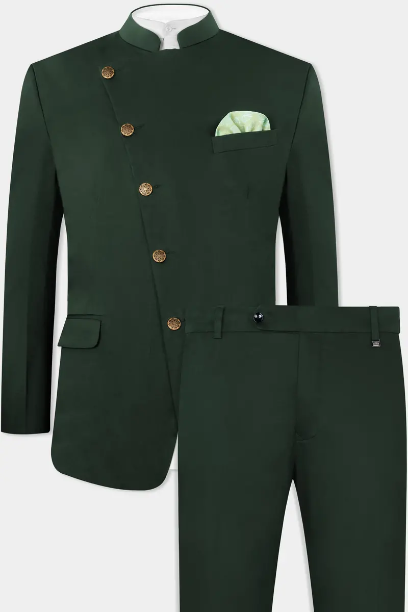 Heavy Metal Green Premium Cotton Cross Placket Bandhgala Stretchable Traveler Suit 2