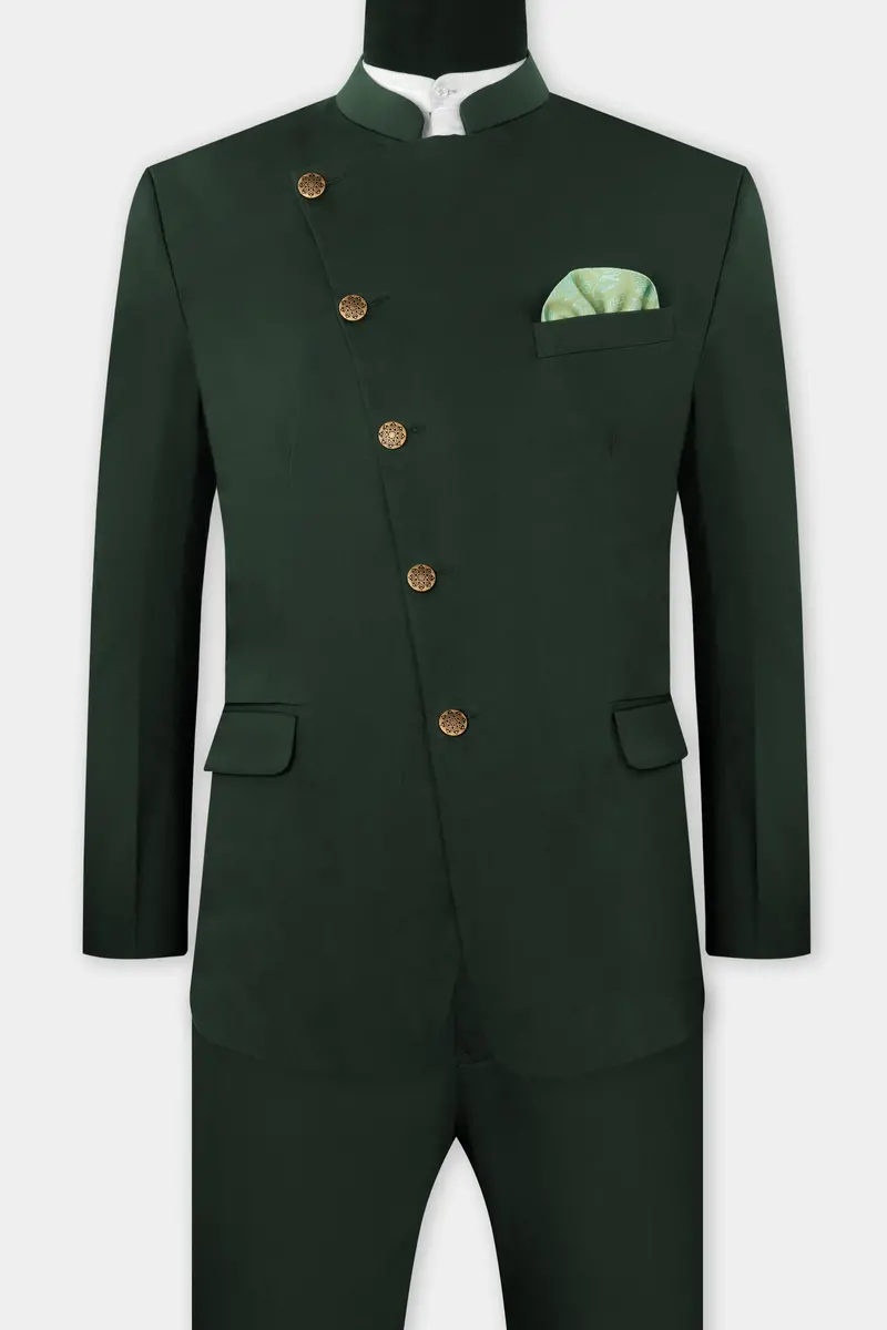 Heavy Metal Green Premium Cotton Cross Placket Bandhgala Stretchable Traveler Suit 9