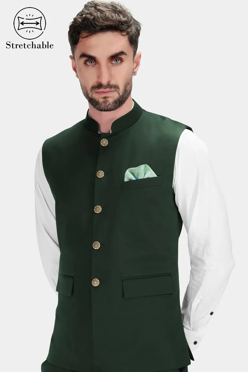 Heavy Metal Green Premium Cotton Stretchable Traveler Nehru Jacket 2