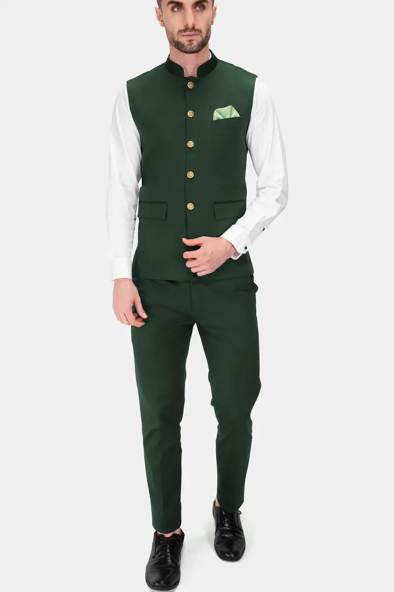 Heavy Metal Green Premium Cotton Stretchable Traveler Nehru Jacket 5