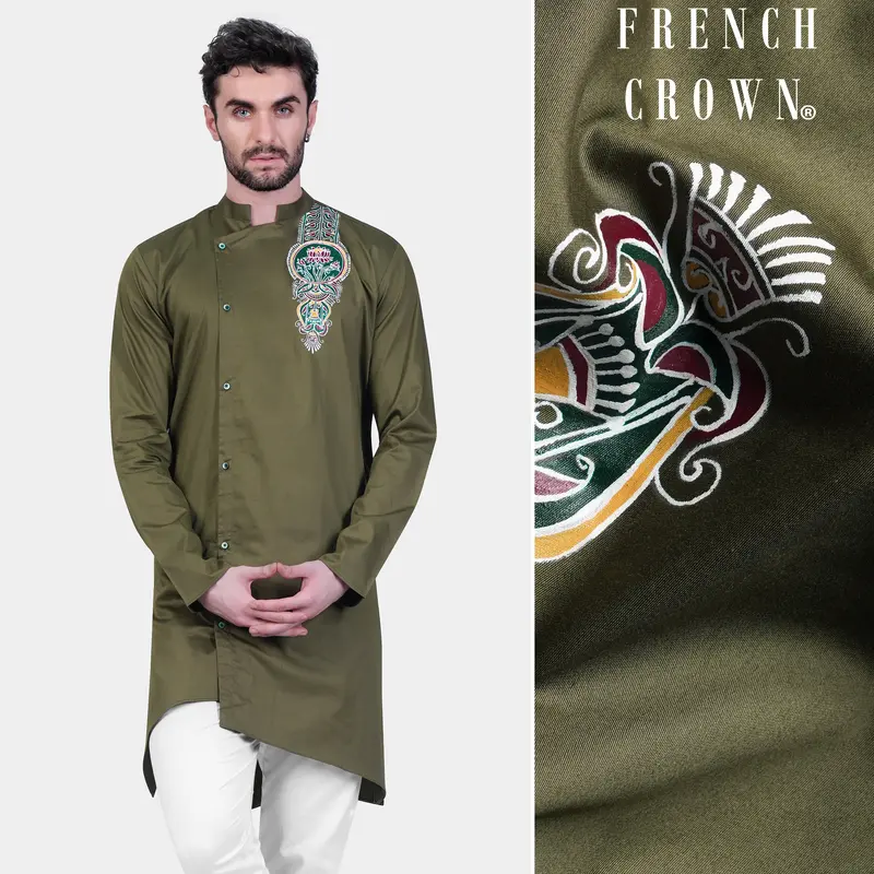Hemlock Green Alpana Art Hand Painted Subtle Sheen Super Soft Premium Cotton Designer Kurta 1
