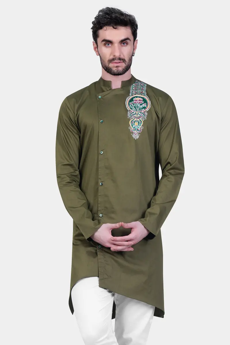 Hemlock Green Alpana Art Hand Painted Subtle Sheen Super Soft Premium Cotton Designer Kurta 2