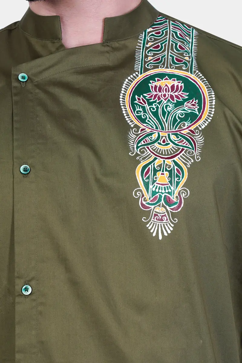 Hemlock Green Alpana Art Hand Painted Subtle Sheen Super Soft Premium Cotton Designer Kurta 4