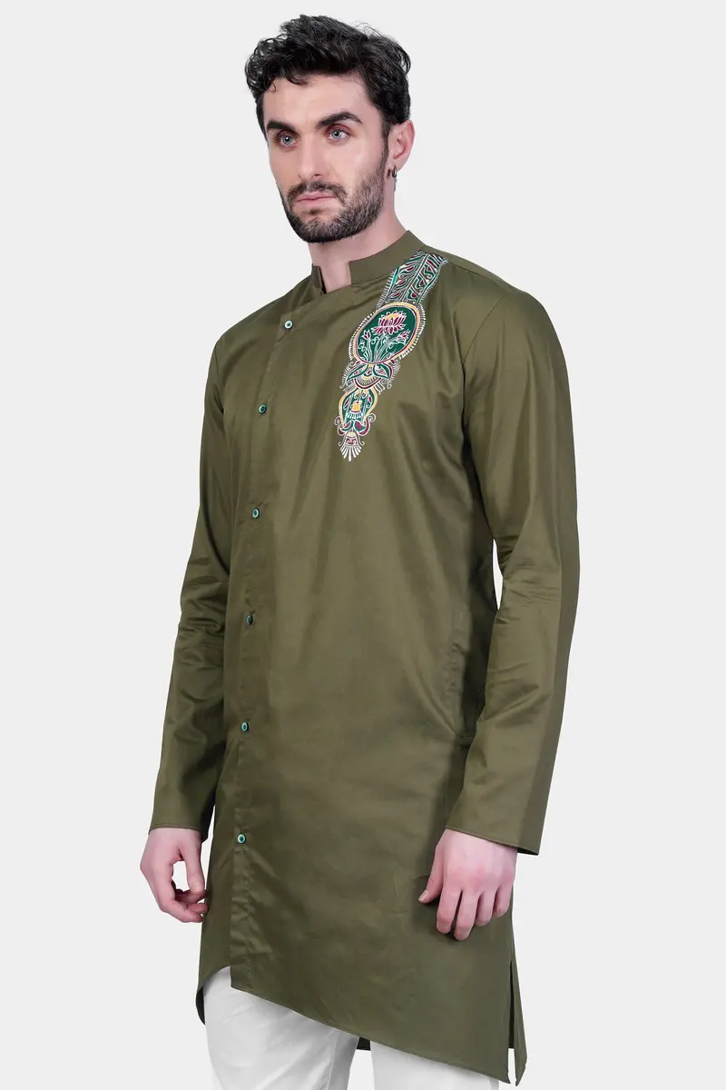 Hemlock Green Alpana Art Hand Painted Subtle Sheen Super Soft Premium Cotton Designer Kurta 5