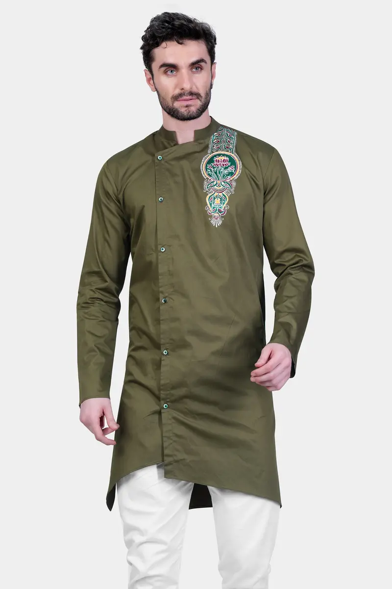 Hemlock Green Alpana Art Hand Painted Subtle Sheen Super Soft Premium Cotton Designer Kurta 6