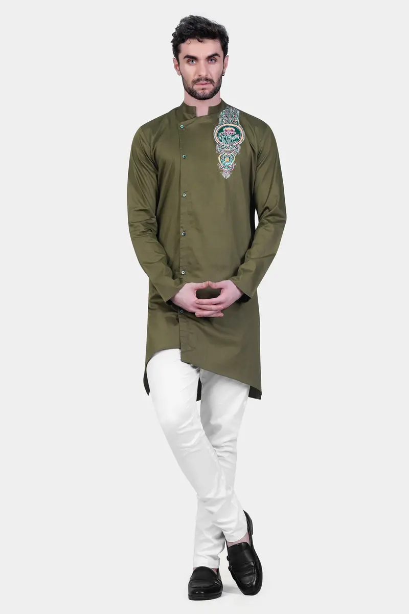 Hemlock Green Alpana Art Hand Painted Subtle Sheen Super Soft Premium Cotton Designer Kurta 8