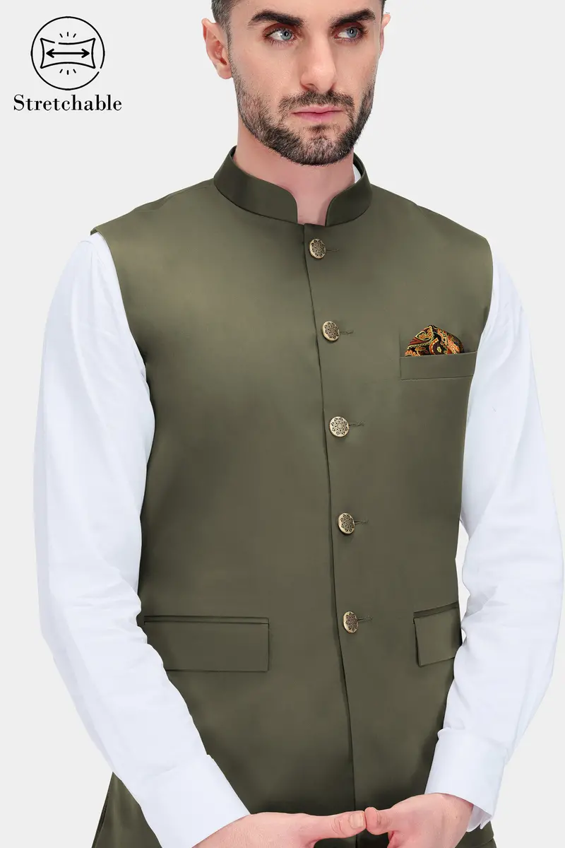 Hemlock Green Premium Cotton Stretchable Traveler Nehru Jacket 2