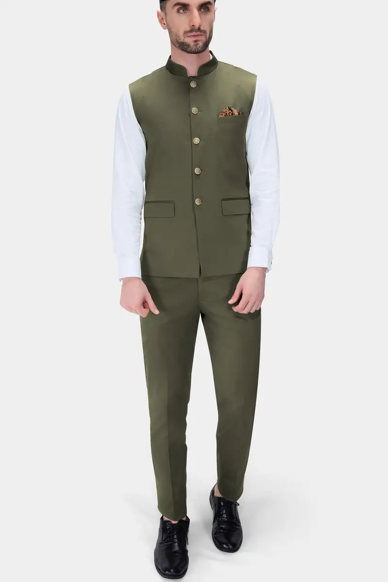 Hemlock Green Premium Cotton Stretchable Traveler Nehru Jacket 5