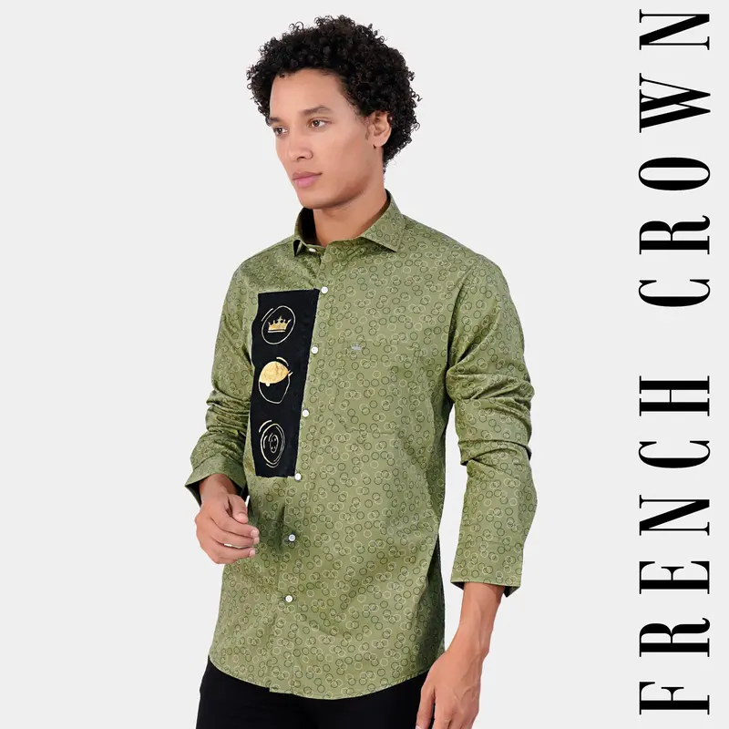 Hemlock Green Printed With Crown Hand Painted Dobby Premium Giza Cotton Designer Shirt 1