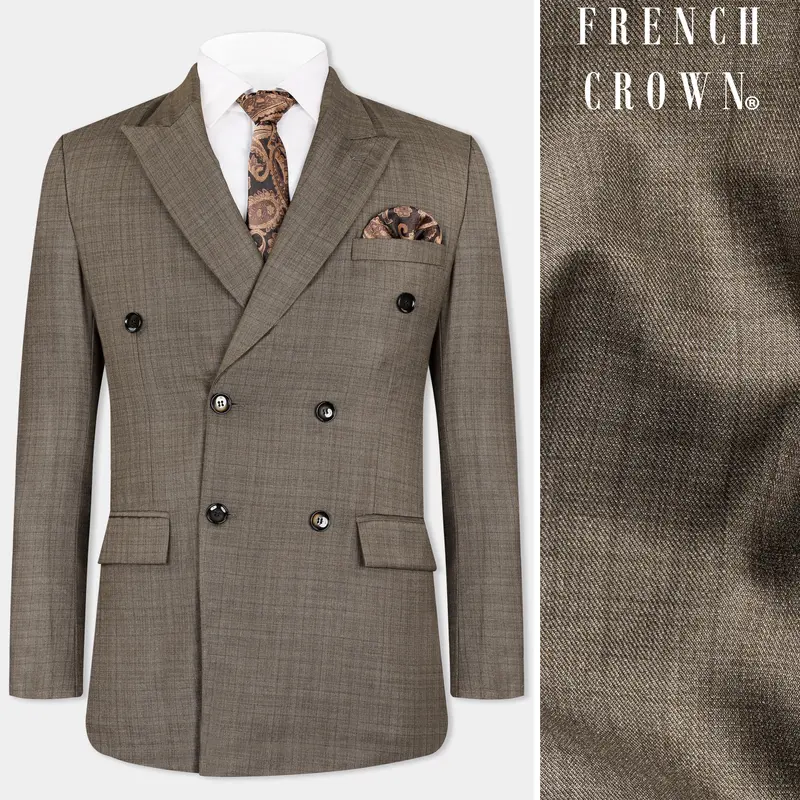 Hemp Brown Checkered Wool Rich Double Breasted Blazer 1