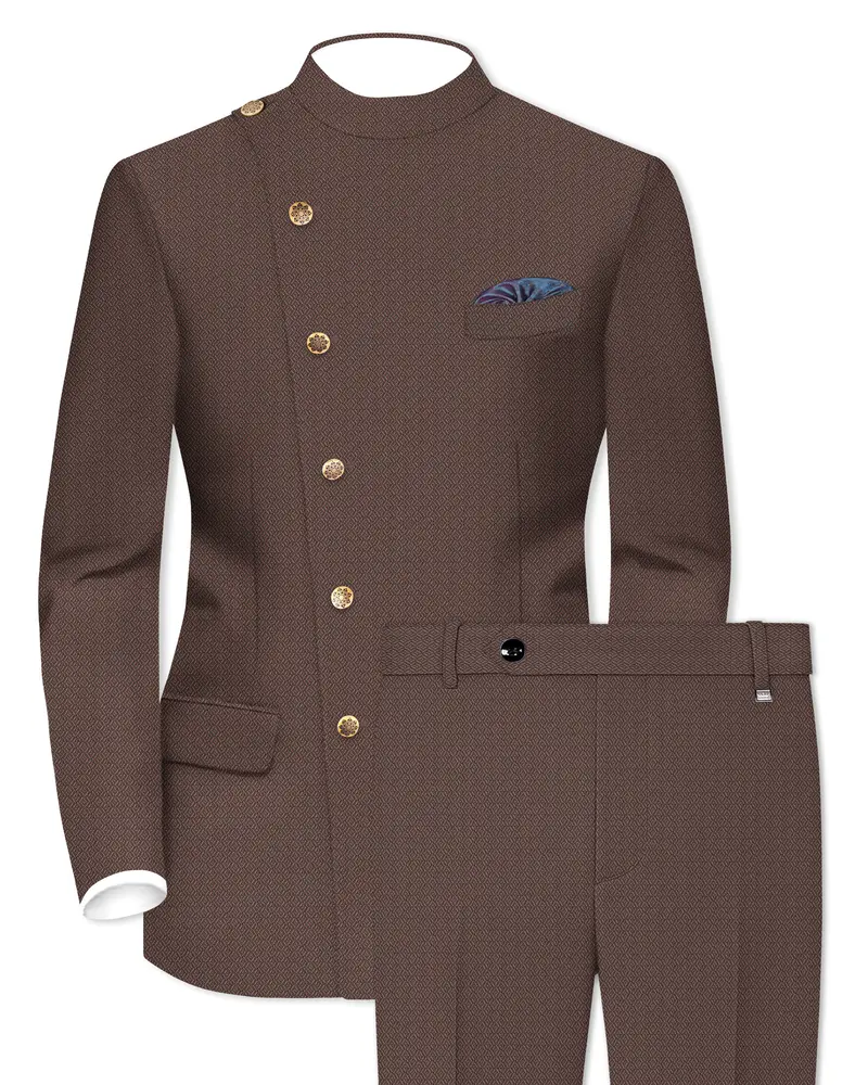 Hemp Brown Cross Placket Wool Rich Bandhgala Suit 1
